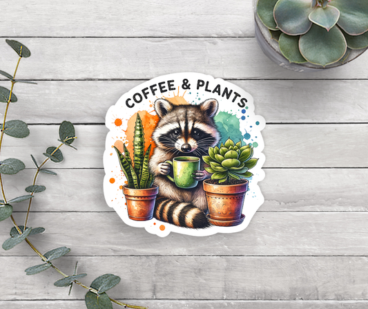 Raccoon Coffee and Plants Vinyl Sticker